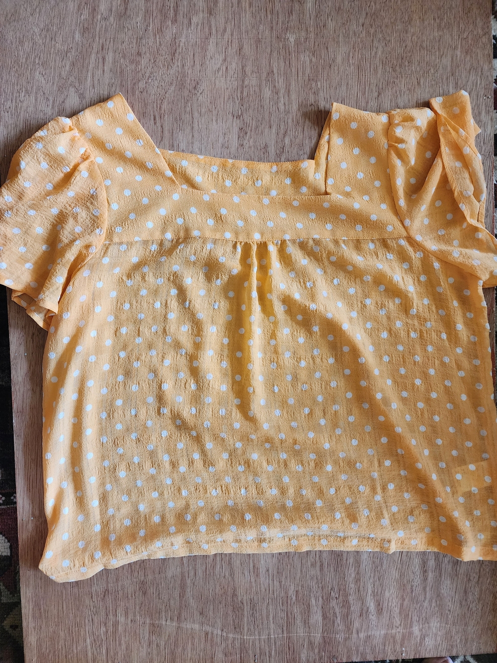 Tribal Yellow Polka Dot Square Neck Puff Sleeve Blouse Top Seersucker Knit
